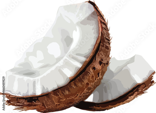 Vector illustration of two halved coconut pieces featuring white flesh and brown shell