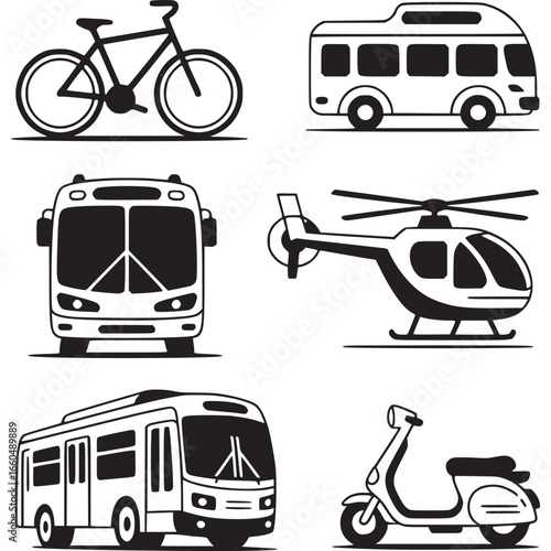 Set of six different transportation elements isolated on white background, featuring a variety of vehicles in a simple and elegant black and white line art design