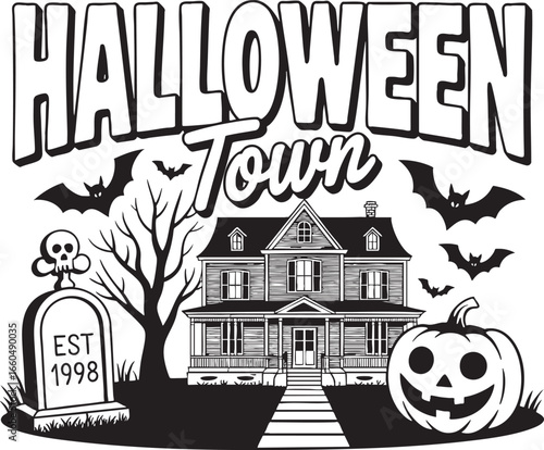 Halloween Town Haunted House with Spooky Elements halloween, town, haunted, house, dead, halloween, outline, vector, eerie, spooky, house, white, dread, illustration, drawing, mansion, creepy, lantern
