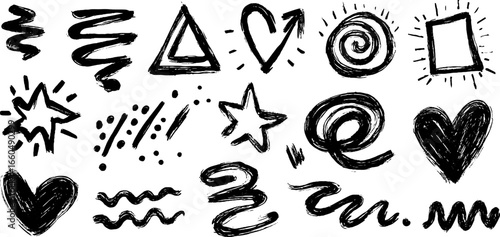 Hand drawn doodle set of abstract elements including arrows, stars, and hearts for creative design