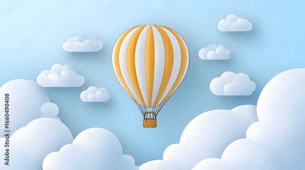 Obraz premium A yellow hot air balloon floats among fluffy white clouds in a blue sky.
