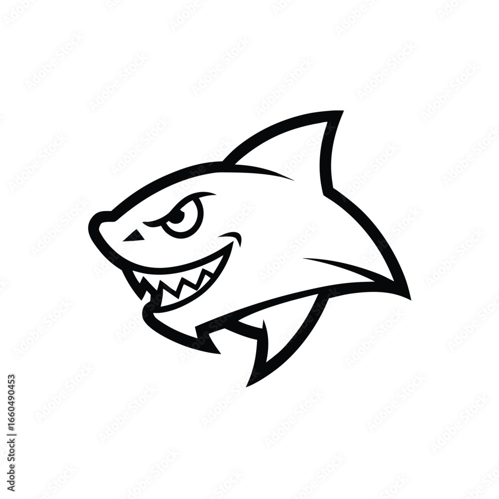 Savage shark head logo in bold profile view with strong outlined black details Vector illustration Savage shark head logo in bold profile view with strong outlined black details Vector illustration