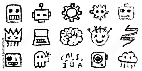 Hand-drawn doodle set of ai icons featuring robots and brain chip designs