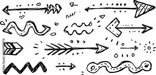 Hand drawn doodle set of straight and curved arrows with textured brushstrokes for creative design