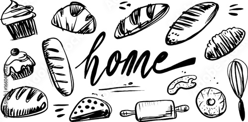 Hand drawn doodle set of bakery items with bread and baguette illustration for culinary design
