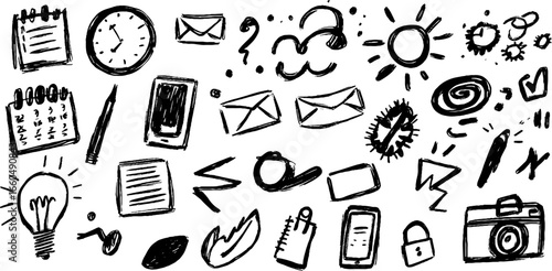 Whimsical doodle set with clocks, phones, and calendars for creative designs