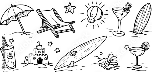 Summer beach doodle set with umbrella, deck chair, and surfboard elements for creative design