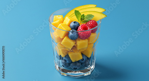 "Fresh Mango and Berries Fruit Salad with Mint"