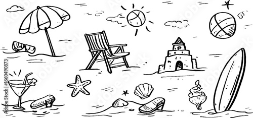 Beach vacation doodle set with umbrella, deck chair, sandcastle, and sea shells for summer design