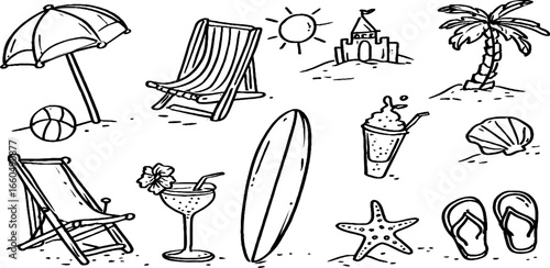 Summer vacation beach doodle set with umbrella, deck chair, and beach elements for design