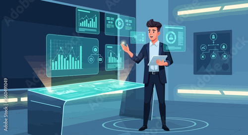 Analyst Presenting Financial Data on Holographic Interface