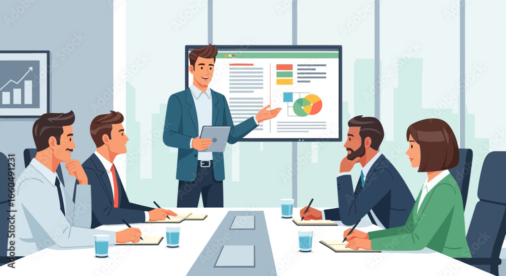 Fototapeta premium Business Presentation In Meeting Room With Pie Chart And Infographics