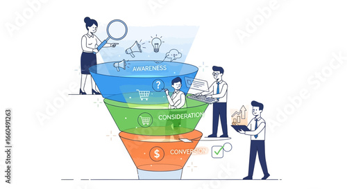 Business Sales Funnel Model with Awareness, Consideration, Conversion Stages