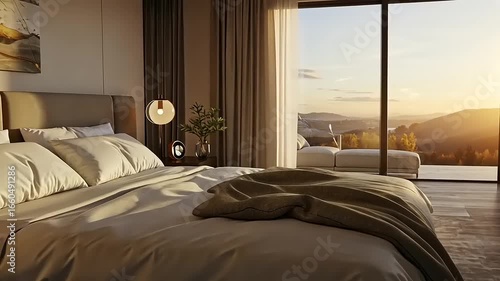 Cozy bedroom with sunset view and modern decor