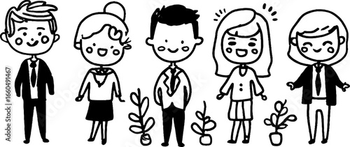 Charming doodle set of business people team with manager and boss characters