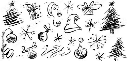 Festive christmas doodles featuring tree, gift box, and holiday decorations for creative projects