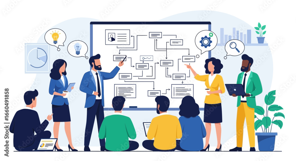 Creative Team Presenting Flowchart During A Corporate Meeting