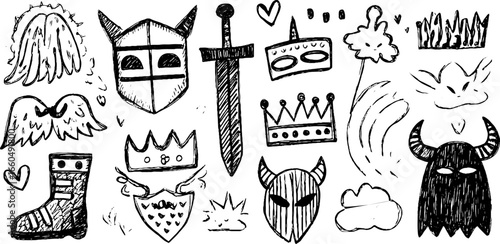 Creative doodle set of cosplay icons with masks, swords, and wings for design and decoration