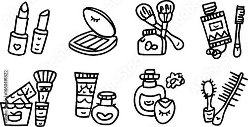 Playful cosmetic doodle set featuring lipstick, mascara, and beauty essentials for creative design