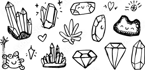 Whimsical doodle set of crystals, amethyst, and quartz for creative designs