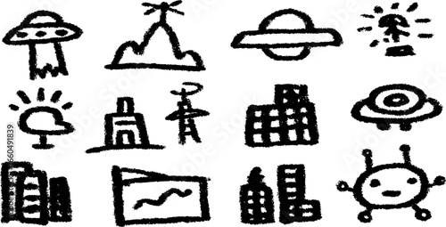 Cyber city doodle set with skyscrapers and neon signs for creative design