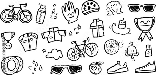 Playful cycling icon doodle set for sport and adventure design