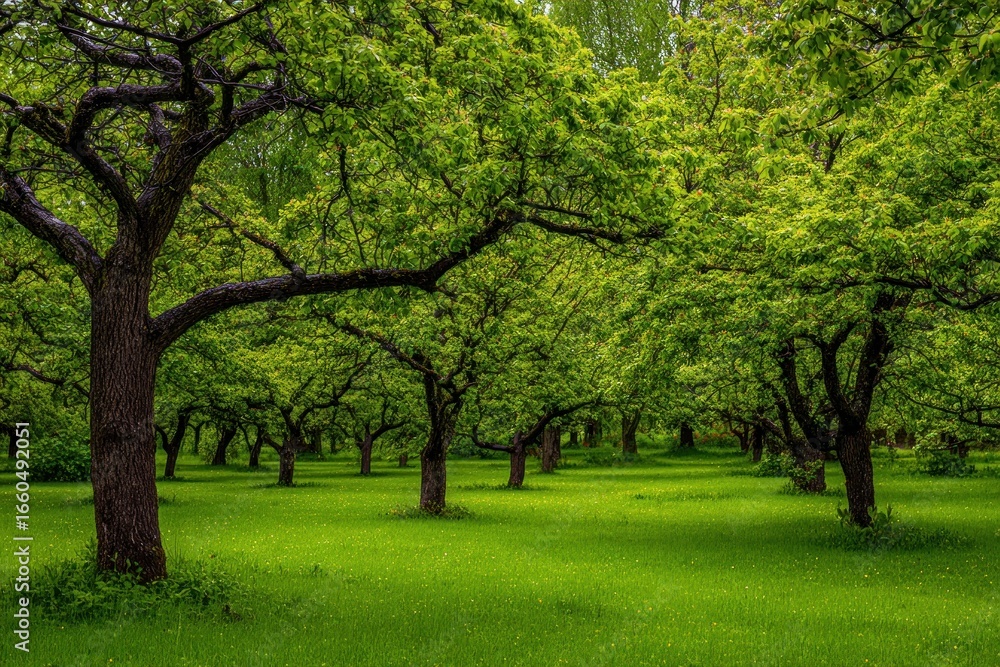Fototapeta premium Lush green trees and grass in a tranquil orchard.