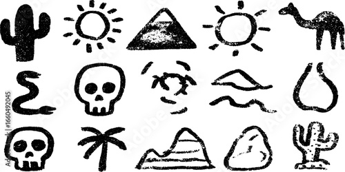 Desert adventure doodle set with cactus, sand dunes, and wildlife elements