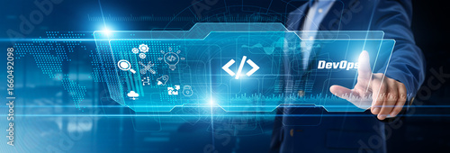 Photos Businessman touching DevOps on digital screen, continuous integration, agile dep
