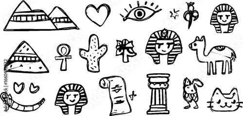 Hand drawn doodle set of egypt icons featuring pyramids, sphinx, and hieroglyphs for creative design