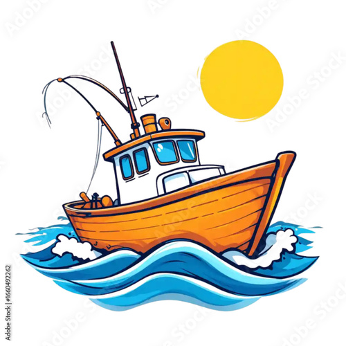 A solitary fishing boat navigates the vast, blue ocean under a tranquil sky