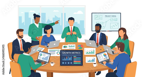 Diverse Team Discussing Growth Metrics at a Round Table Meeting