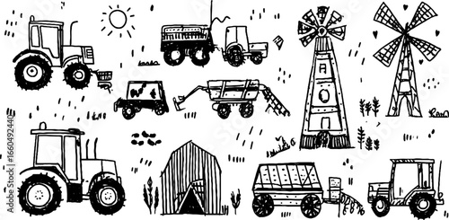 Whimsical farming machines doodle set with tractor and plough for creative design