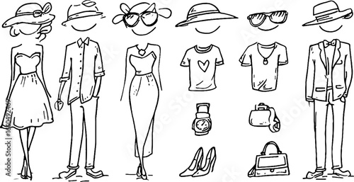 Fashion doodle set: dresses, hats, shoes, and accessories for style design