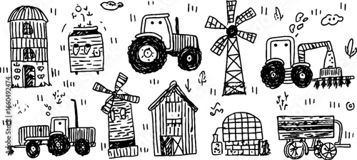 Hand-drawn doodle set of farming machines and barnyard elements for rustic design