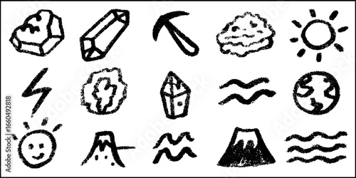 Hand drawn geology icons set with rocks, fossils, and natural elements for educational design