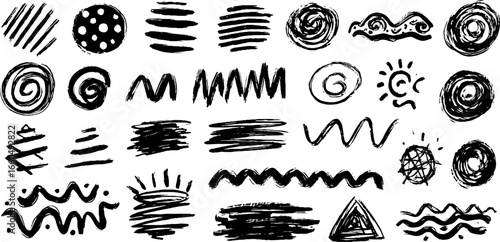 Hand drawn doodle set of geometric patterns with dots and stripes for creative design