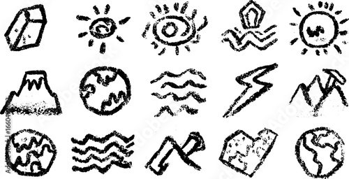 Playful geology icon set featuring rocks, fossils, and natural elements