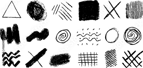 Hand drawn geometric patterns set with triangle shapes and doodle textures for creative design