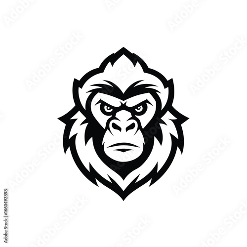 Stylized gorilla head logo in bold frontal view with detailed outlined black features Vector illustration