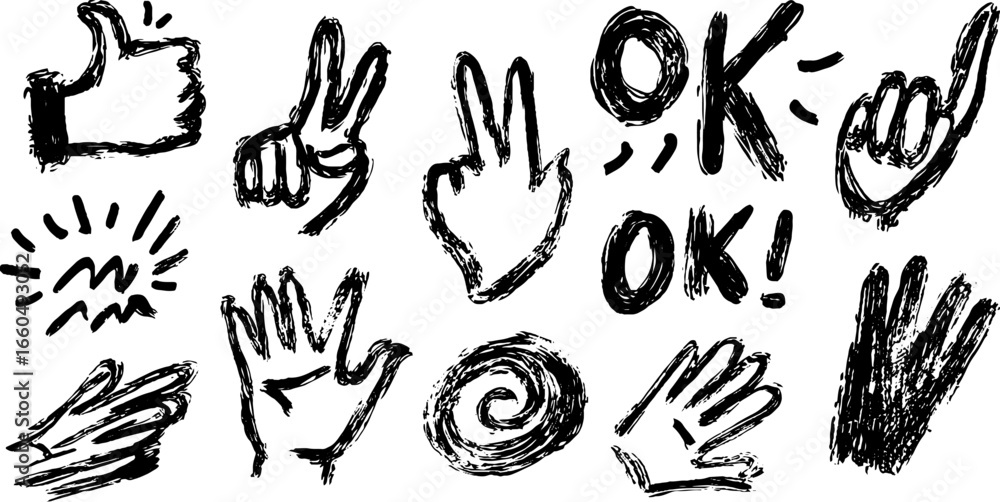 Fototapeta premium Hand gesture doodle collection with thumbs up, thumbs down, and ok signs