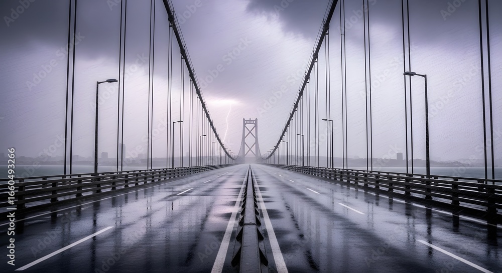 Obraz premium Symmetrical view down the center of a wet suspension bridge under a dramatic, stormy sky.