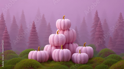 Kawaii halloween illustration, Cute kawaii pink pumpkin halloween illustration with soft texture stacked on green moss in dreamy forest scene