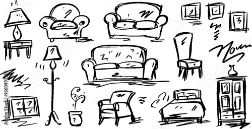 Hand drawn doodle set of home furniture and decor with sofa, chair, and lamp design ideas