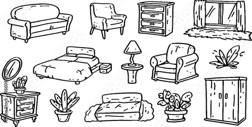 Hand drawn home furniture doodle set with sofa, chair, lamp, and table for interior design concepts