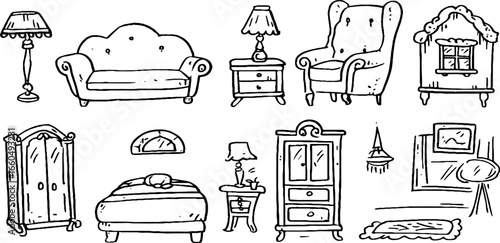 Hand drawn doodle set of home furniture including sofa, chair, lamp, and table illustrations