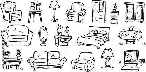 Hand drawn doodle set of home furniture: sofa, chair, lamp, table, and more for interior design