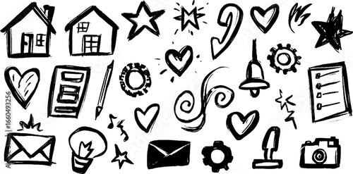 Creative doodle set featuring house, phone, and heart icons for design and decoration