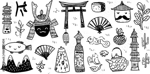 Hand drawn doodle set of japanese icons with torii gate and sushi for cultural designs
