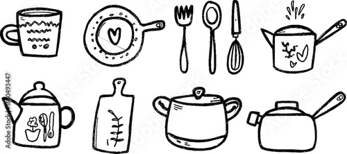 Hand drawn doodle set of kitchenware including cup, plate, and spoon for creative design projects